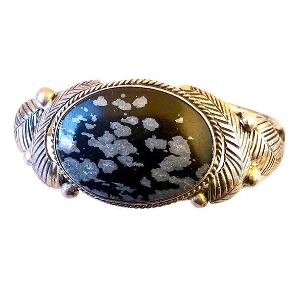 Native American Snowflake Obsidian Sterling Silver Cuff Bracelet Signed L Pina - Picture 9 of 13